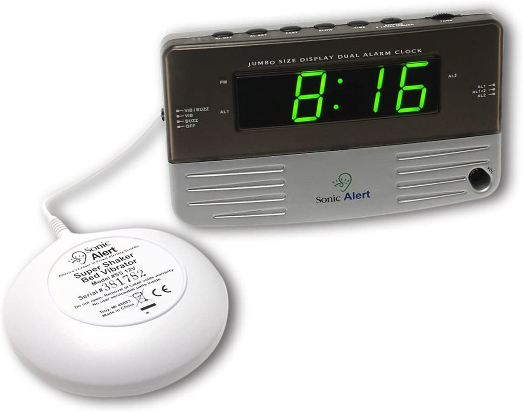 Sonic Alert SB200SS Alarm Clock, Battery Backup | Wake with a Shake, (gray) Silver